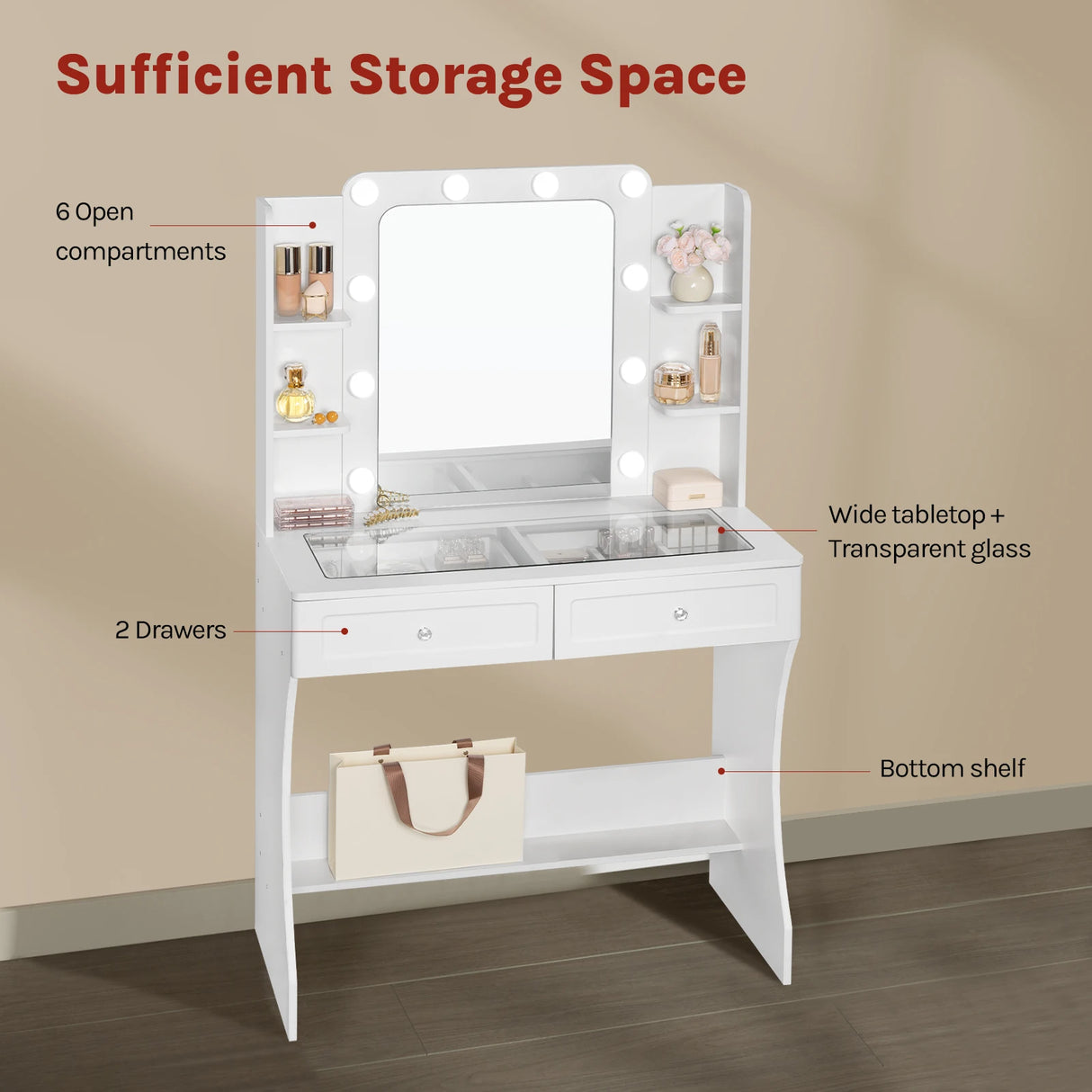 Luxe witte BukkitBow kaptafel met glazen werkblad en LED-spiegel, stijlvolle en moderne make-up tafel.