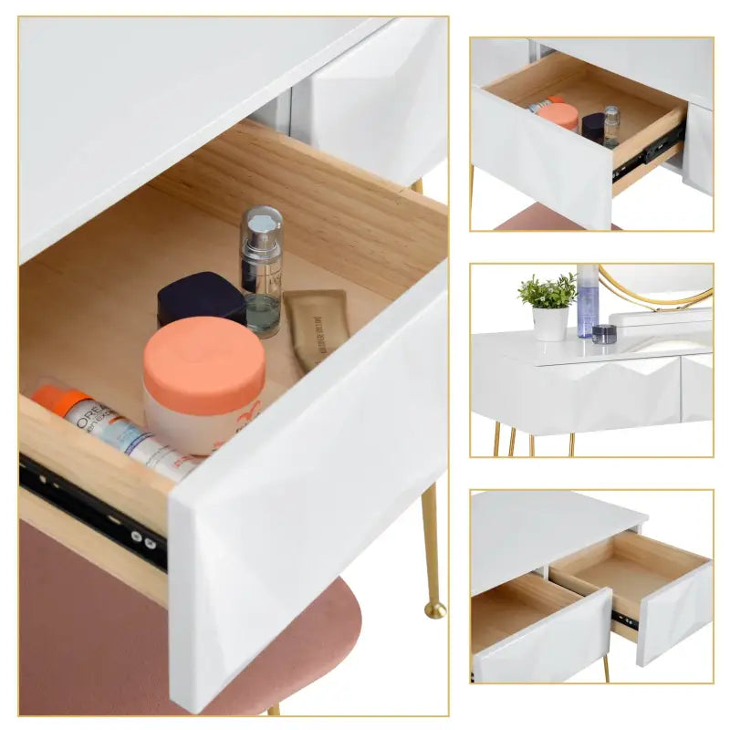 Luxe BukkitBow kaptafel met ronde spiegel, gouden poten, kruk en drie lades, 360 graden draaibare spiegel, elegant en functioneel