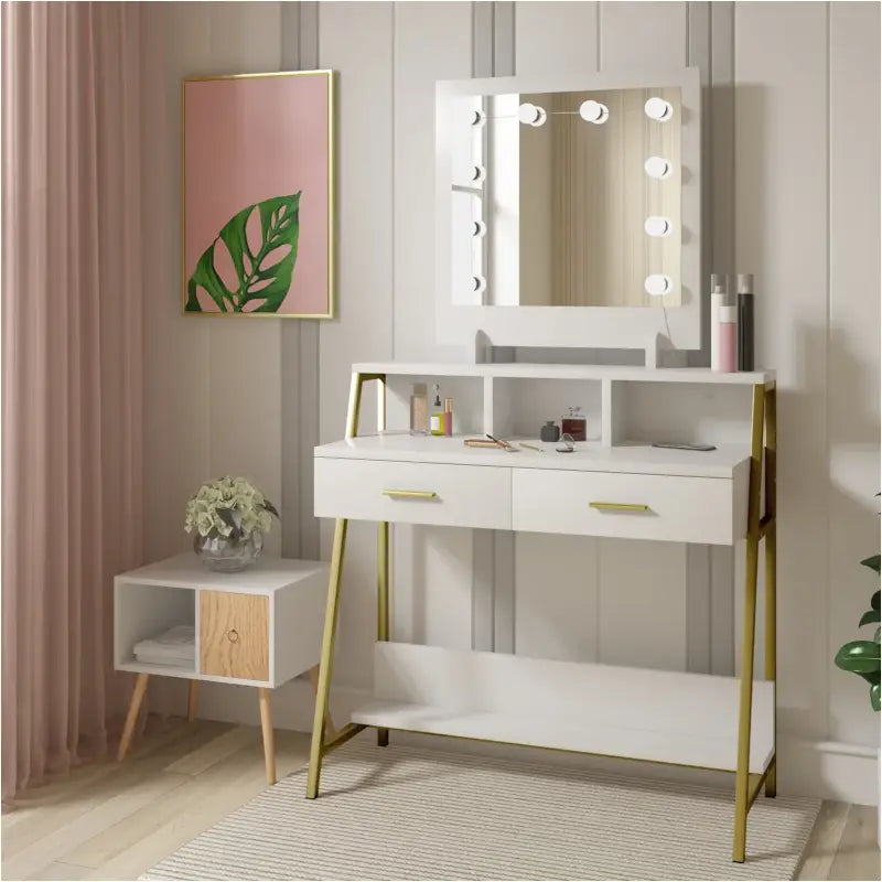 Luxe BukkitBow kaptafel met LED-spiegel, opbergruimte en twee lades, modern meubel voor kleding en make-up.