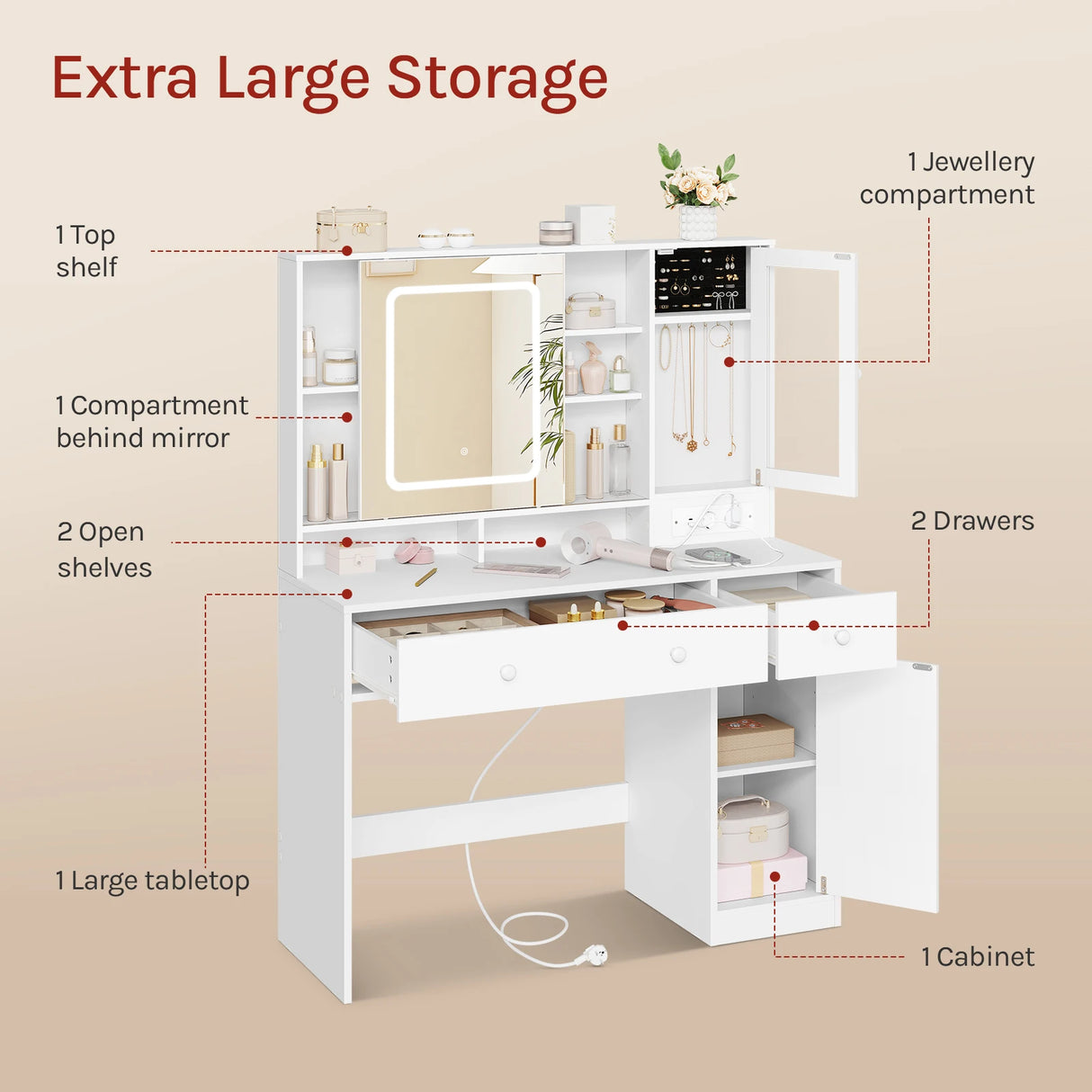 Luxe witte kaptafel van BukkitBow met schuifspiegel en sieradenkast, elegant meubel voor make-up en accessoires