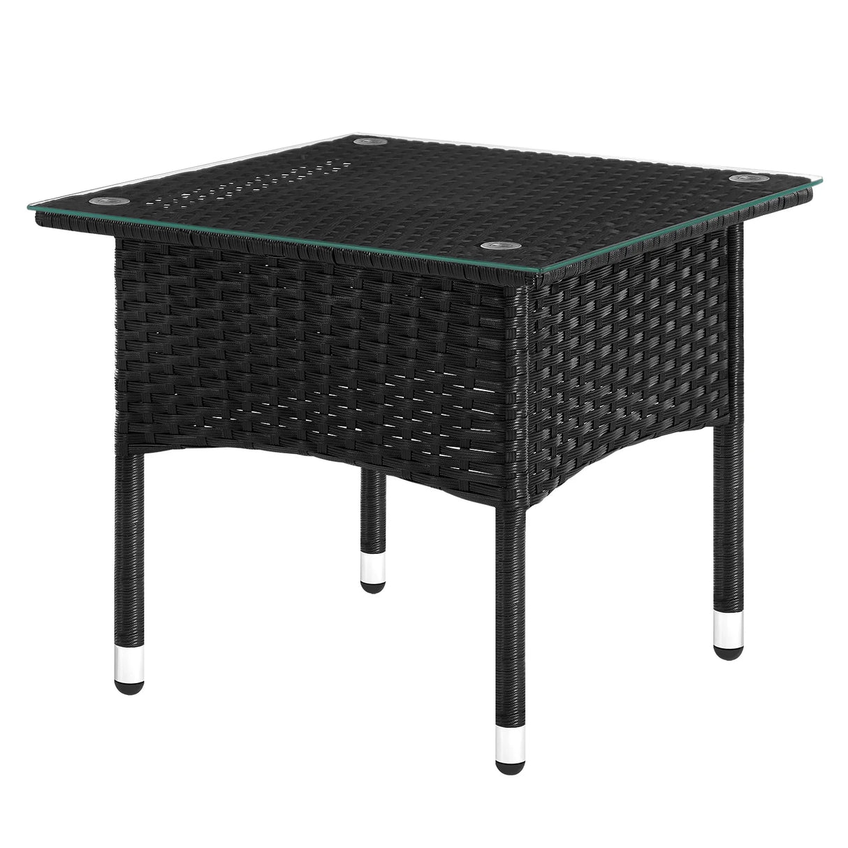 Luxe polyrattan bijzettafel van BukkitBow met gehard glazen blad, weerbestendig en geschikt voor buitengebruik.