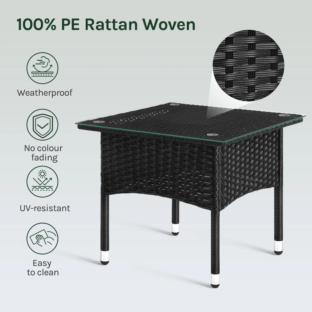 Luxe polyrattan bijzettafel van BukkitBow met gehard glazen blad, weerbestendig voor buitengebruik, stijlvolle tuininrichting.