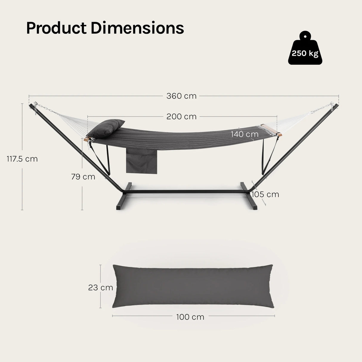 Luxe tweepersoons hangmat van BukkitBow met standaard, geschikt tot 250kg, comfortabel en stevig voor ontspannen lounge.
