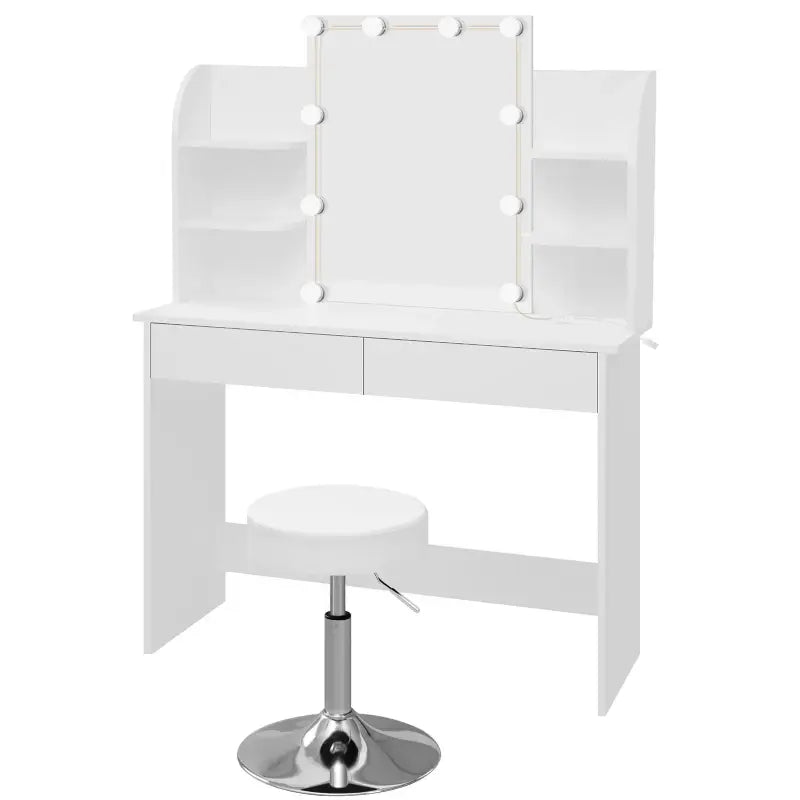 Luxe BukkitBow kaptafel met verlichte LED-spiegel, kruk, lade en opbergplanken voor make-up, afmetingen 108x40x142 cm.