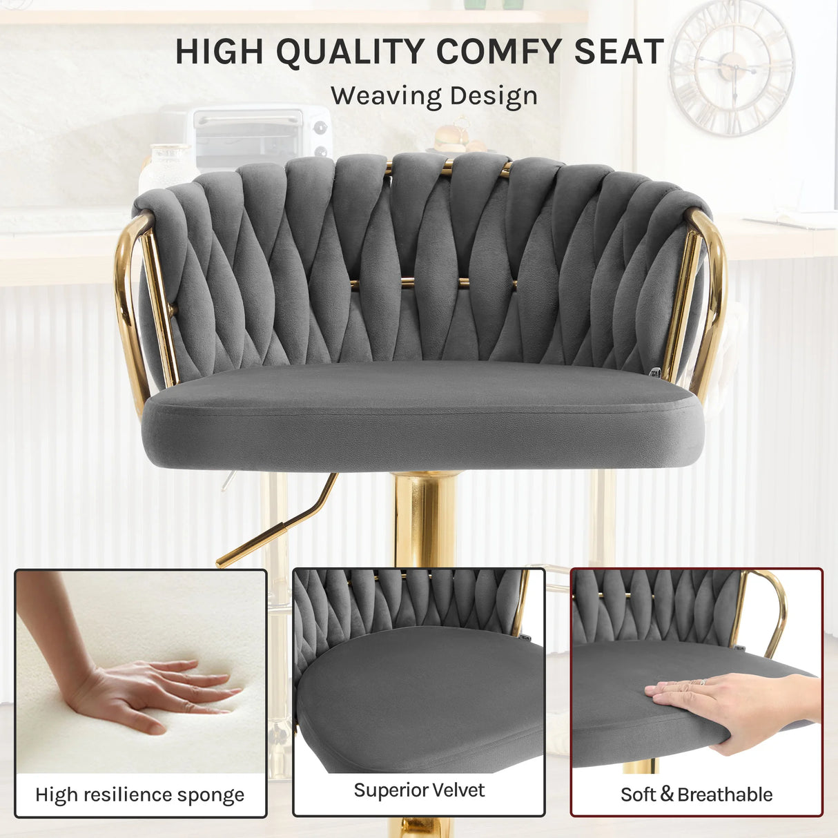 Set van 2 BukkitBow luxe velvet barkrukken met gevlochten rugleuning, elegante en comfortabele zitstoelen voor in de eetkamer
