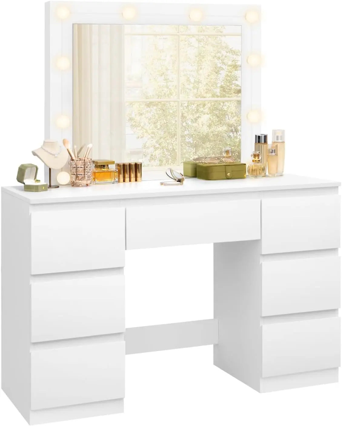 Luxe witte BukkitBow kaptafel met LED-verlichting, 7 laden, modern ontwerp, perfect voor stijlvolle slaapkamers en kleedkamers.