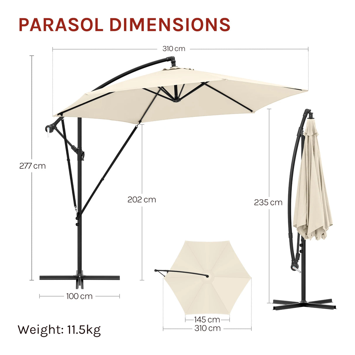 Luxe BukkitBow zwevende parasol van 310cm met slinger en beschermhoes, zichtbaar met elegante ontwerp en stevige constructie