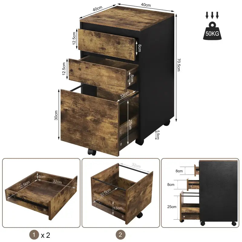 BukkitBow mobiele compacte archiefkast met 3 lades, zwart met licht/donker eikenhout, afmetingen 40x40x70cm, multifunctioneel meubel