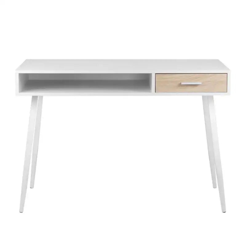 BukkitBow modern bureau met lade en open opbergruimte, compact design, 50x110x75cm, ideaal voor thuis of kantoor.