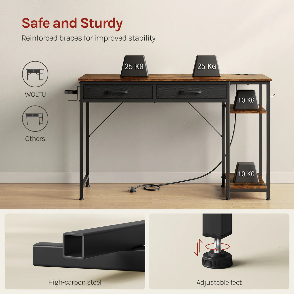 Moderne BukkitBow bureau met 2 laden, stopcontact en USB-poorten, afmeting 120cm, strak design en praktische werkplek.