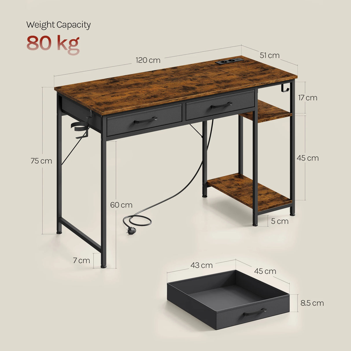 Moderne BukkitBow bureau met 2 laden, stopcontact en USB-poorten, 120 cm breed, perfect voor thuis of kantoor.