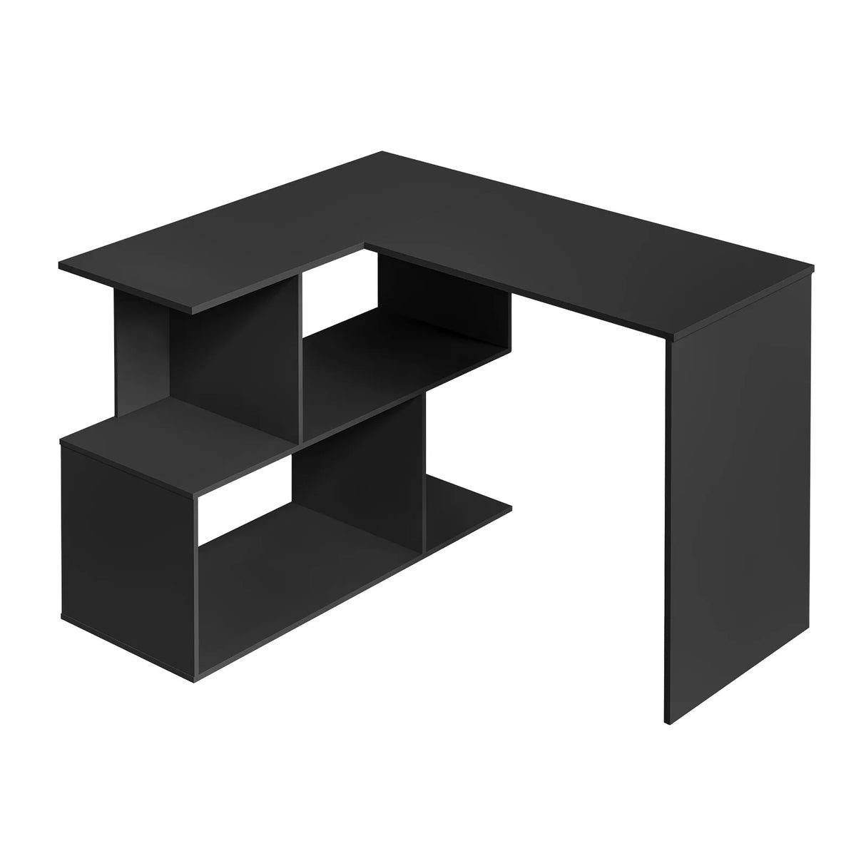 Moderne BukkitBow hoekbureau met 4 open opbergvakken en strakke uitstraling, ideaal voor een moderne kantoorruimte.