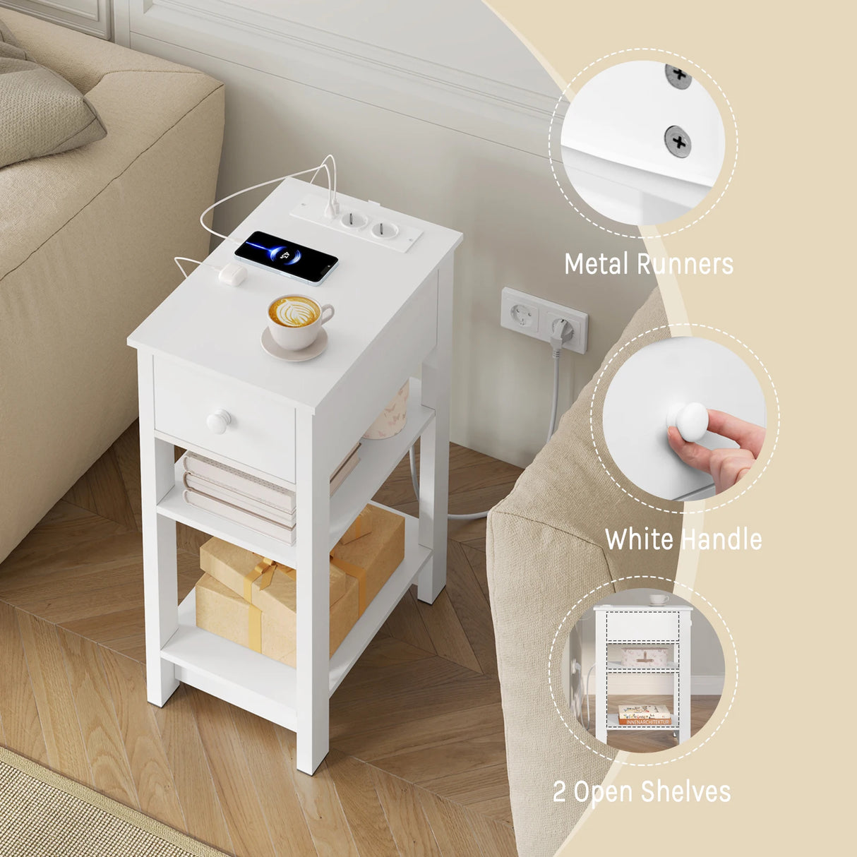 Wit BukkitBow nachtkastje met stopcontact en USB-poorten, smal modern ontwerp, meubel voor slaapkamer of woonkamer