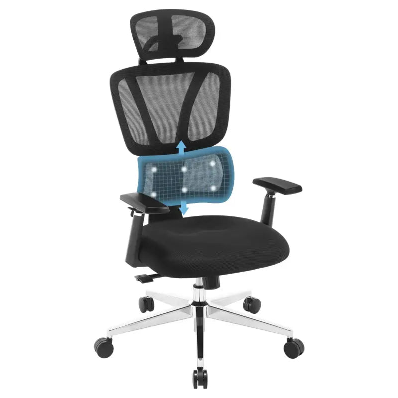 BukkitBow moderne zwarte bureaustoel met verstelbare rug- en lendensteun, 3D PU-armleuningen, mesh stof en maximaal 150 kg draagvermogen.