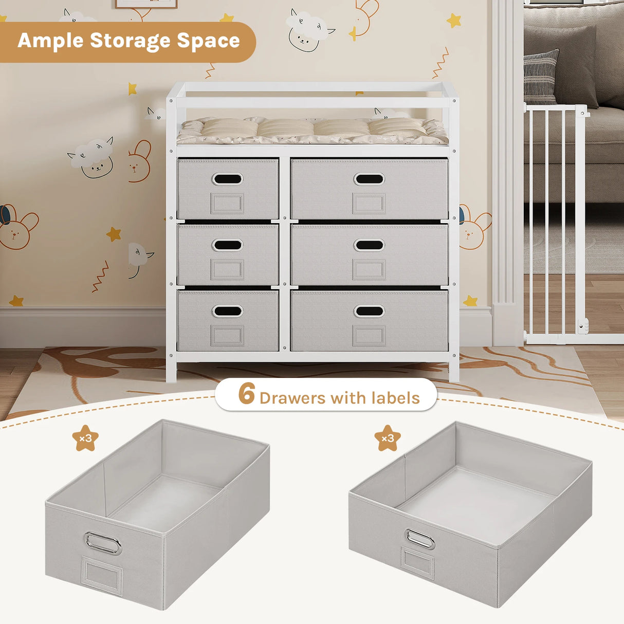 Moderne BukkitBow commode in wit en grijs met 6 laden en aankleedblad, elegant en functioneel meubelstuk.