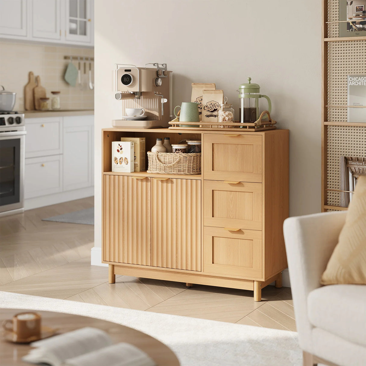 Moderne BukkitBow dressoir met 3 laden en verstelbare planken, zwart houten afwerking, geschikt voor woonkamer of eetkamer.