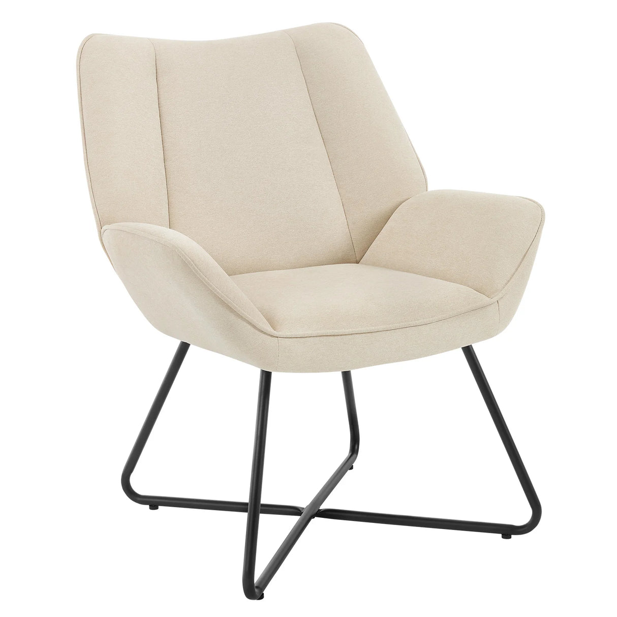 Moderne BukkitBow fauteuil van linnen met X-vormig onderstel, comfortabel en stijlvol zitmeubel in neutrale kleuren.