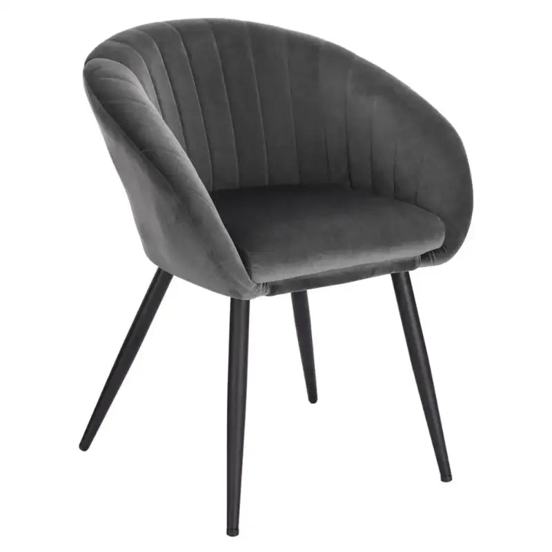 Moderne BukkitBow fluwelen eetkamerstoel met metalen poten, ergonomisch design en zithoogte van 50 cm.