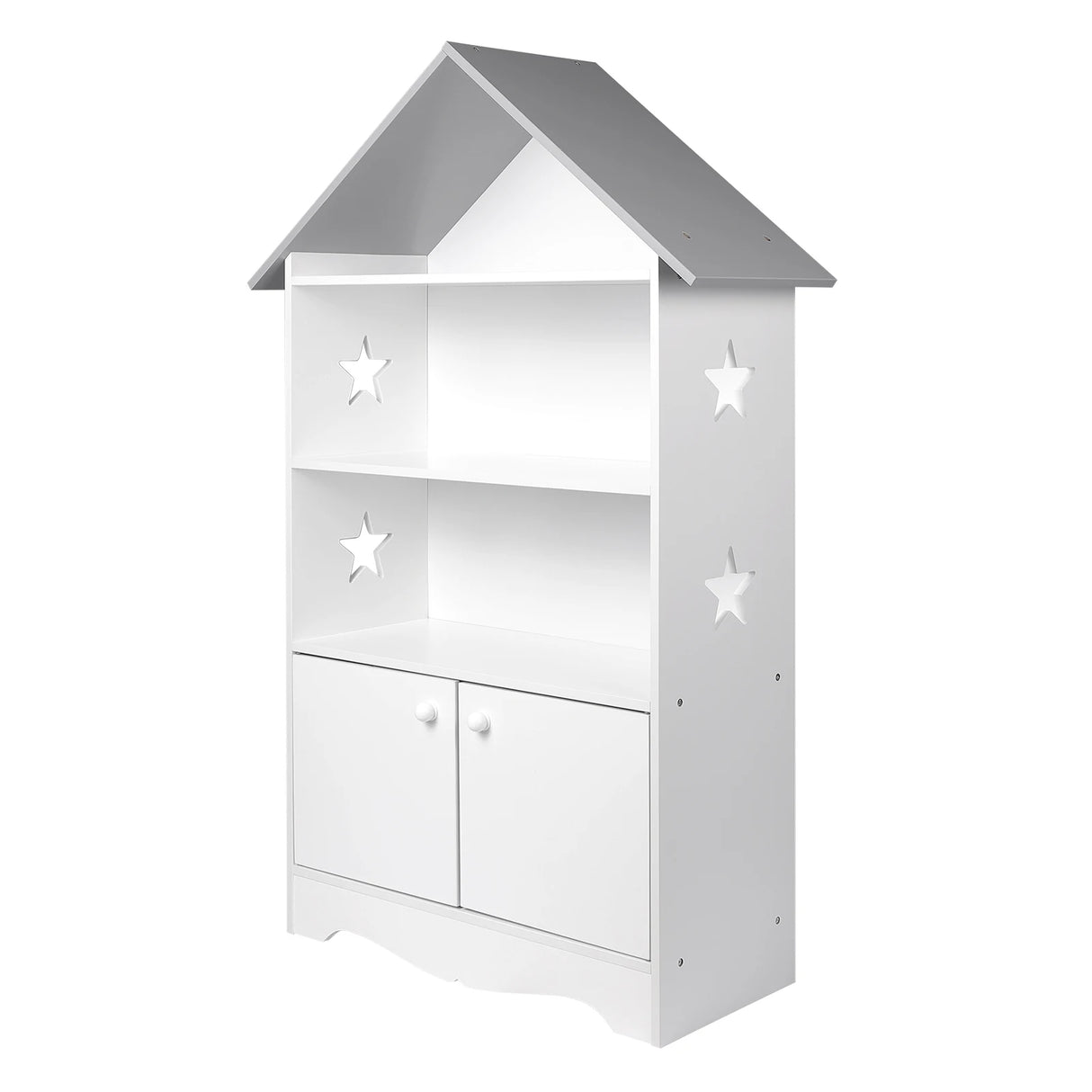 Moderne kinderboekenkast BukkitBow met kastdeurtje en stervormig design, geschikt voor kinderkamers, in kleurrijk en speels uiterlijk.