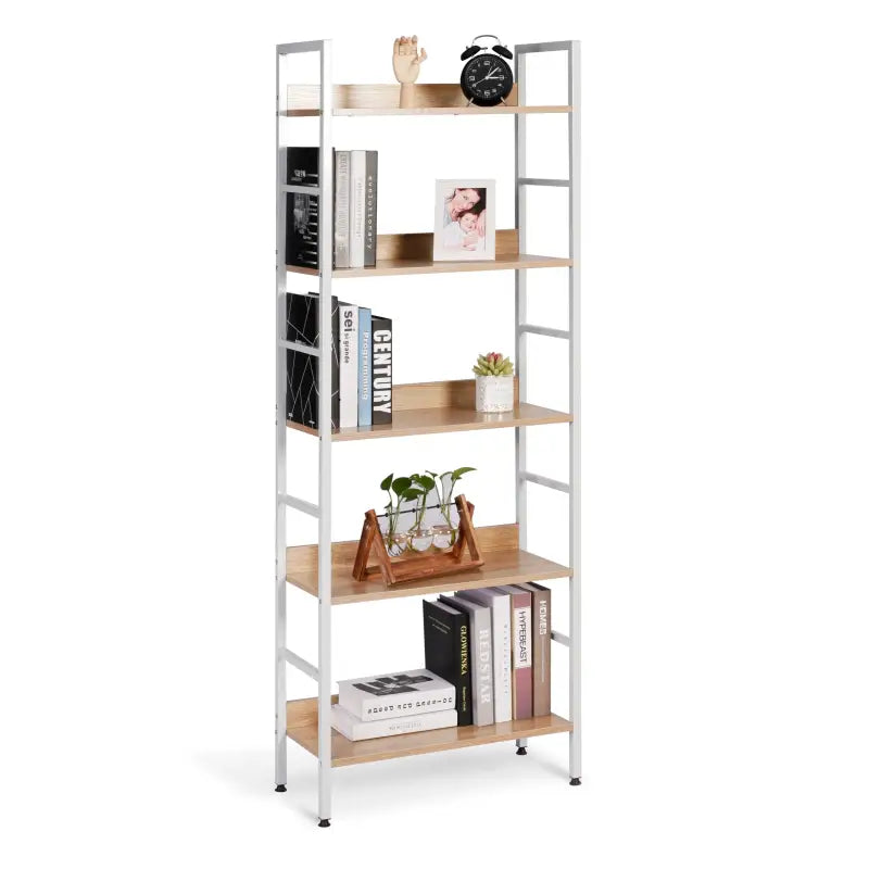 Moderne BukkitBow boekenkast met 5 open planken, stevig en duurzaam, veelzijdig design, afmetingen 60x27,5x160 cm.