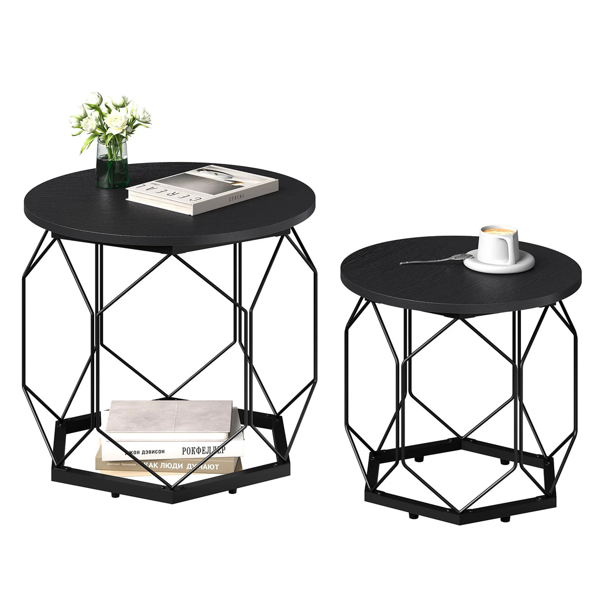 Set van 2 moderne ronde bijzettafels van BukkitBow met metalen onderstel en houten look, geschikt voor woonkamer of zithoek.