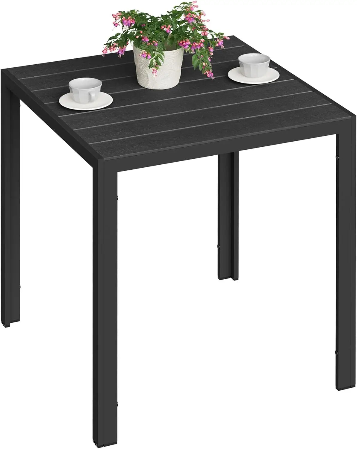 Moderne BukkitBow tuintafel met aluminium frame en WPC tafelblad, geschikt voor buitengebruik, stijlvolle tuinmeubelen.