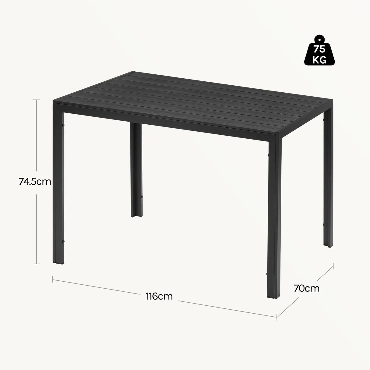 Moderne BukkitBow tuintafel met aluminium frame en WPC tafelblad, geschikt voor buitengebruik, duurzame en stijlvolle tuinmeubel.