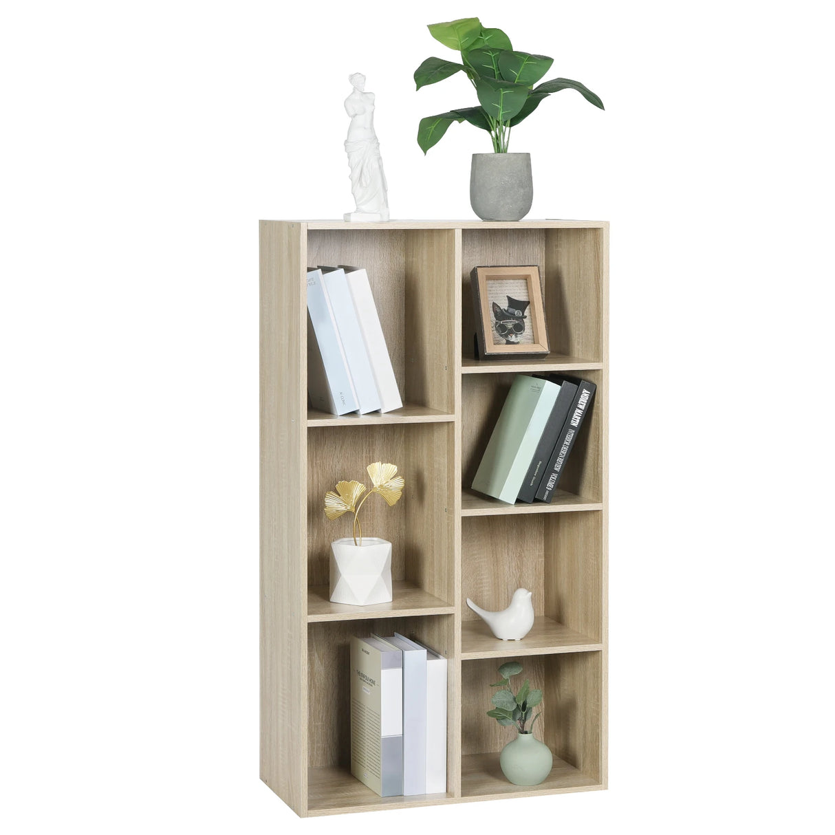 Moderne BukkitBow boekenkast met 7 vakken in Scandinavisch design, wit houtlook en strakke lijnen, voor stijlvolle opbergruimte.