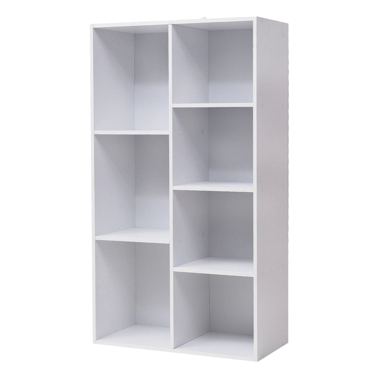 Moderne BukkitBow boekenkast met 7 vakken in Scandinavisch design, zwart hout en strakke lijnen, geschikt voor woonkamer of kantoor.