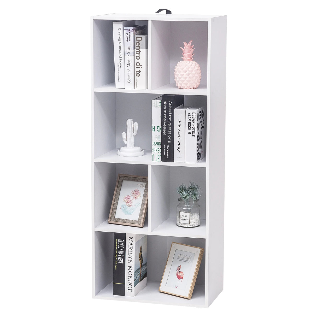 Moderne witte BukkitBow boekenkast met 6 open vakken, 118 cm hoog, geschikt voor boeken en decoratie.
