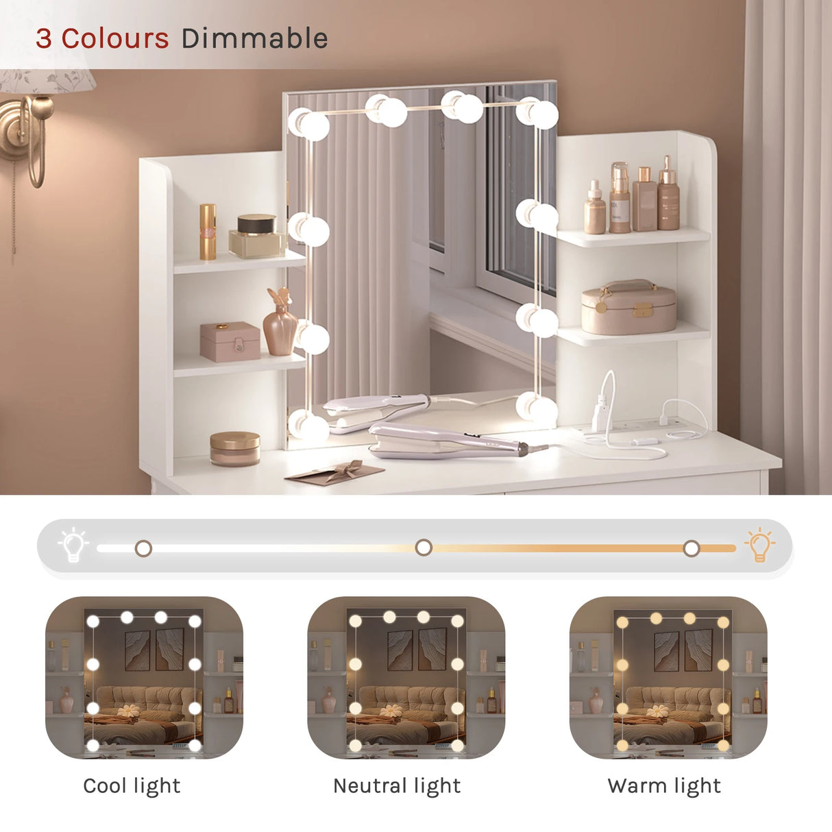 Moderne witte BukkitBow kaptafel met LED-verlichting en stopcontact, elegante meubel voor haarstyling en make-up.
