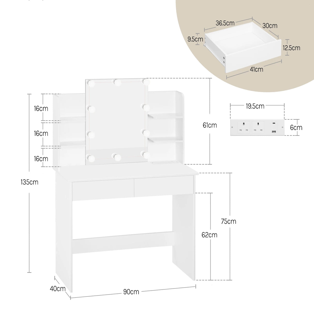 Moderne witte BukkitBow kaptafel met LED-verlichting en stopcontact, ideaal voor een stijlvolle slaapkamer of dressing.