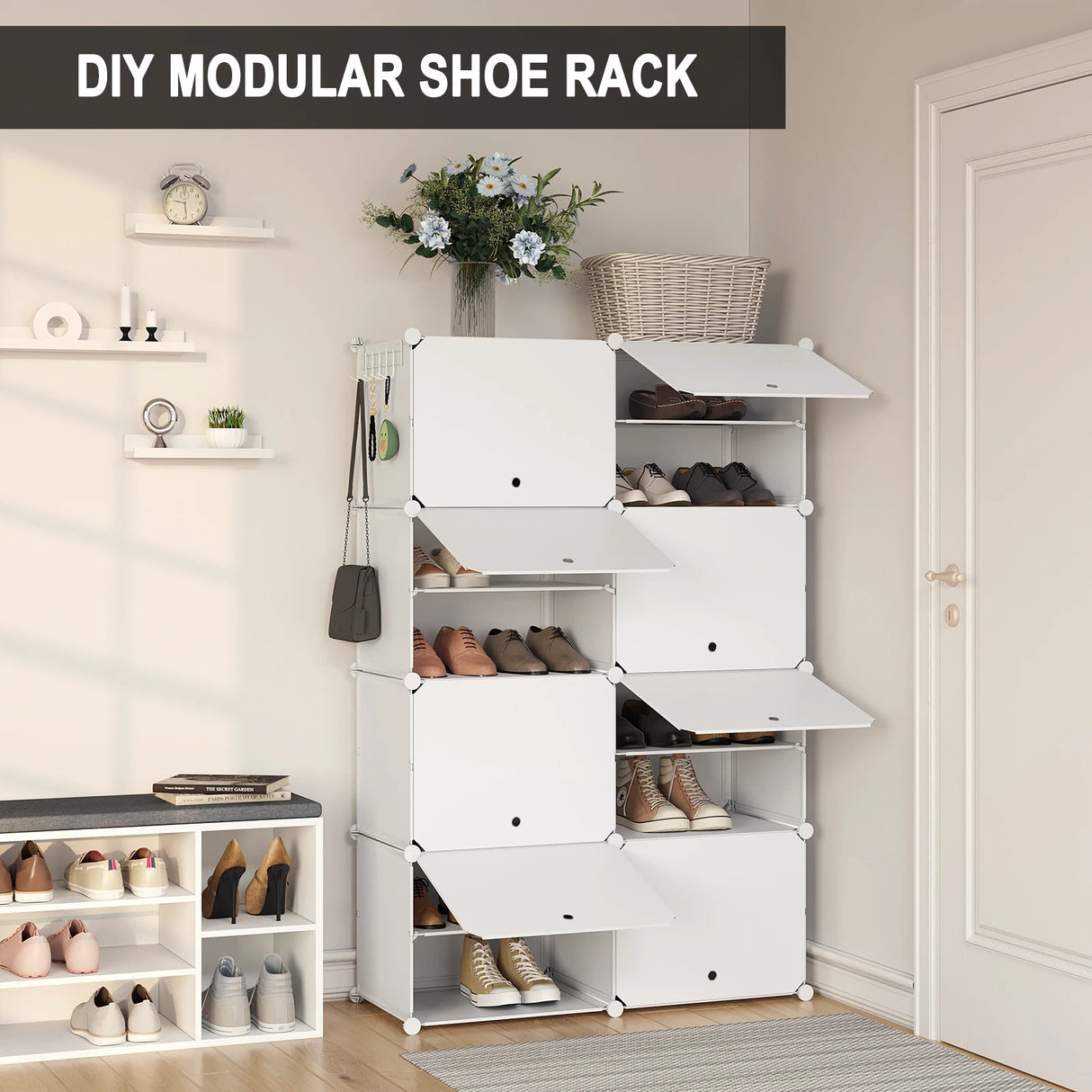 BukkitBow modulair schoenenrek met 6/8 vakken in wit, geschikt voor 32 paar schoenen, overzichtelijk en modern design