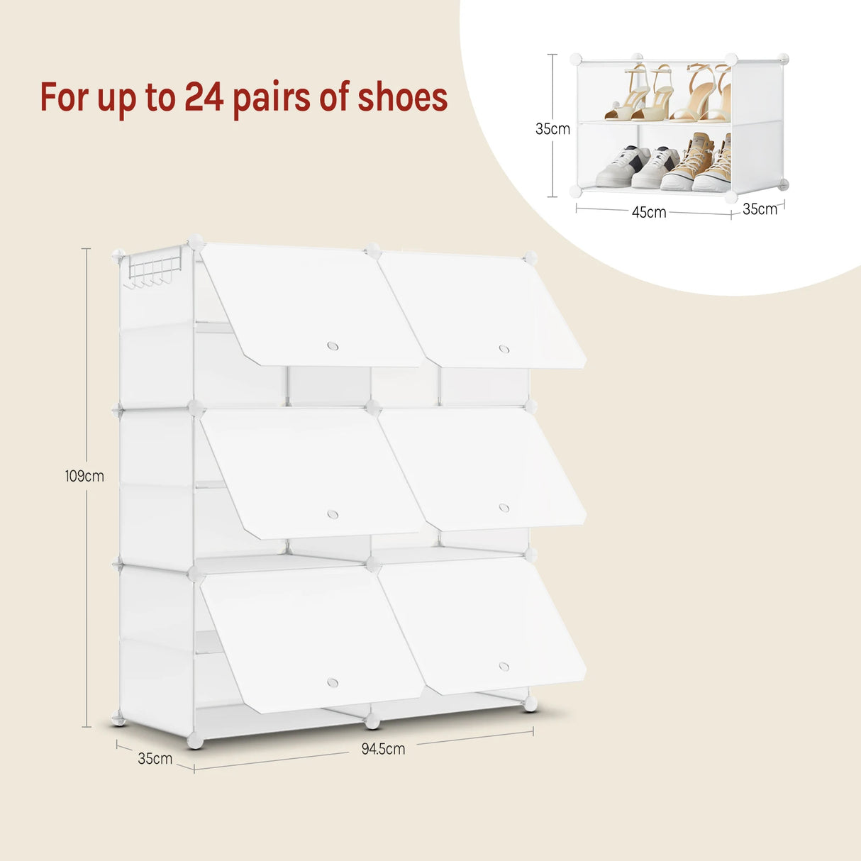 Wit BukkitBow modulaire schoenenrek met 6 of 8 vakken, geschikt voor 32 paar schoenen, zichtbaar in de afbeelding
