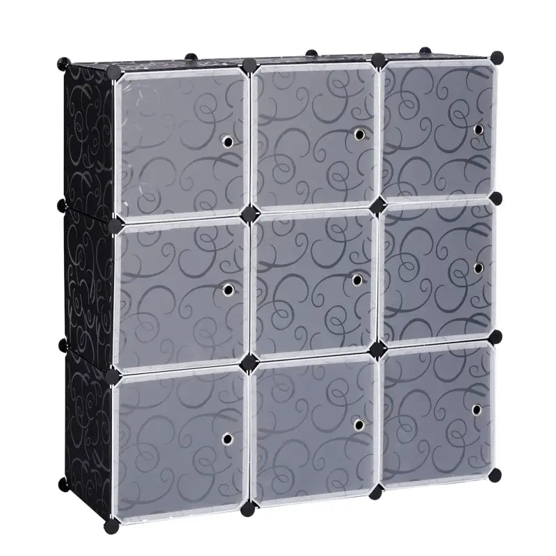 Modulaire BukkitBow opbergkast met 9 compartimenten, geschikt als schoenenkast, in wit of zwart, 105x105x35 cm, voor kleding en schoenen.