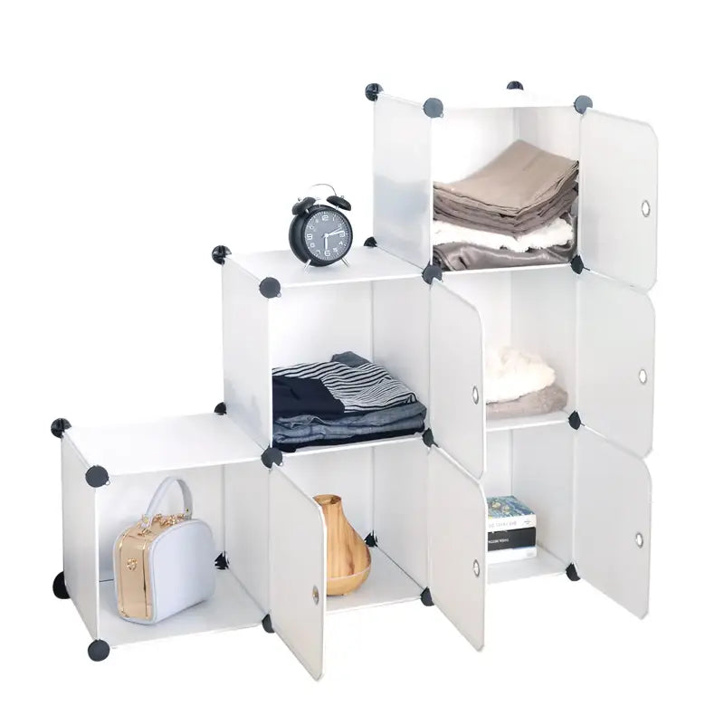 BukkitBow modulaire schoenenrek met 6 vakken en deuren, aanpasbaar design, afmetingen 96x96x30cm, ideaal voor opbergruimte.