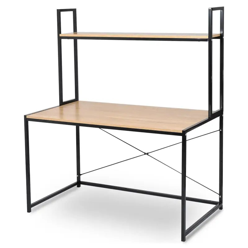 Multifunctioneel BukkitBow bureau met hout en staal, ruime opslagruimte, afmetingen 120x60x140cm, ideaal voor kantoor of thuisgebruik.