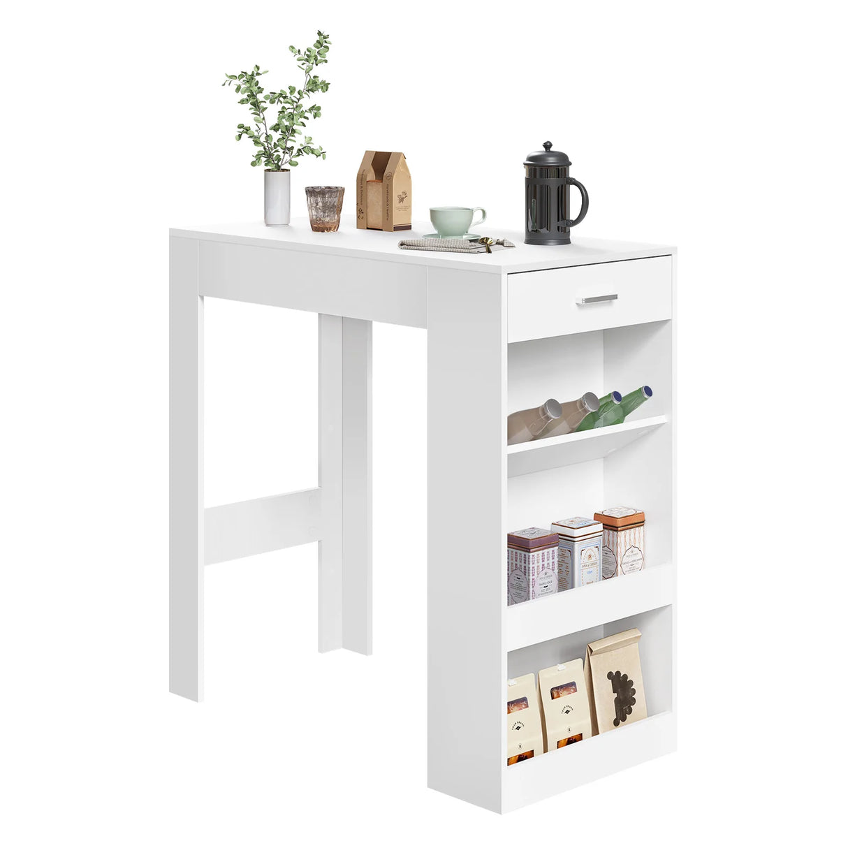 Moderne BukkitBow bartafel met wijnrek en lade, multifunctioneel design, zwart metalen frame en houten blad, geschikt voor keukens en bars.