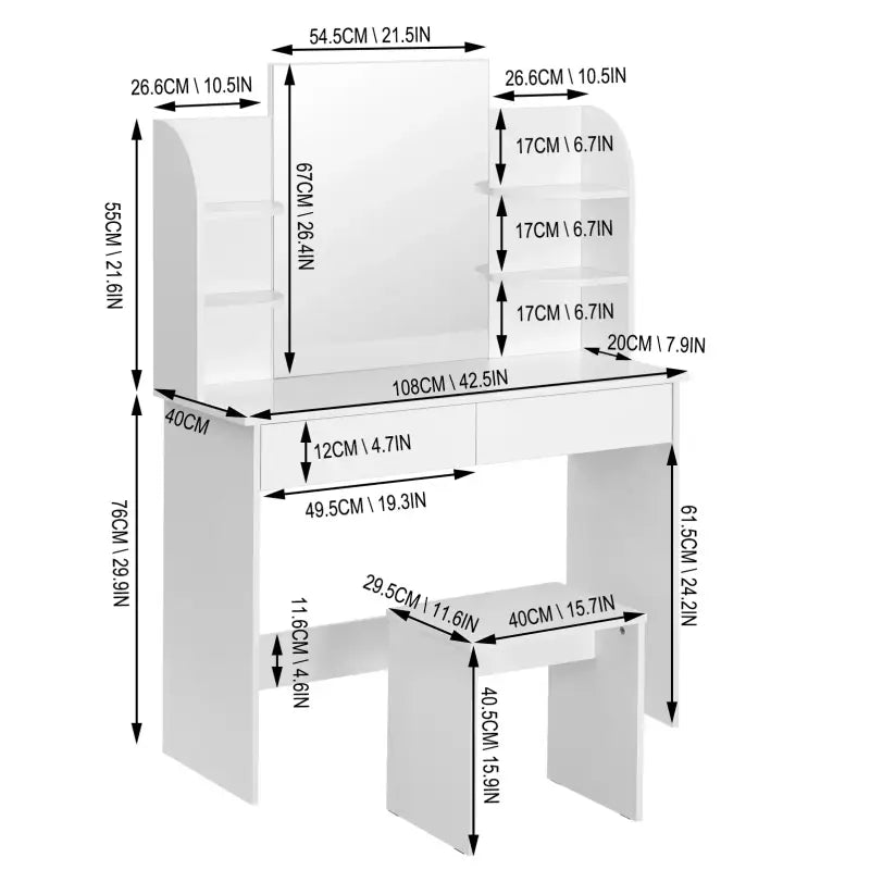 BukkitBow multifunctionele houten kaptafel set met modern ontwerp, ruimtebesparend, afmetingen 108x40x142cm, geschikt voor make-up en accessoires.