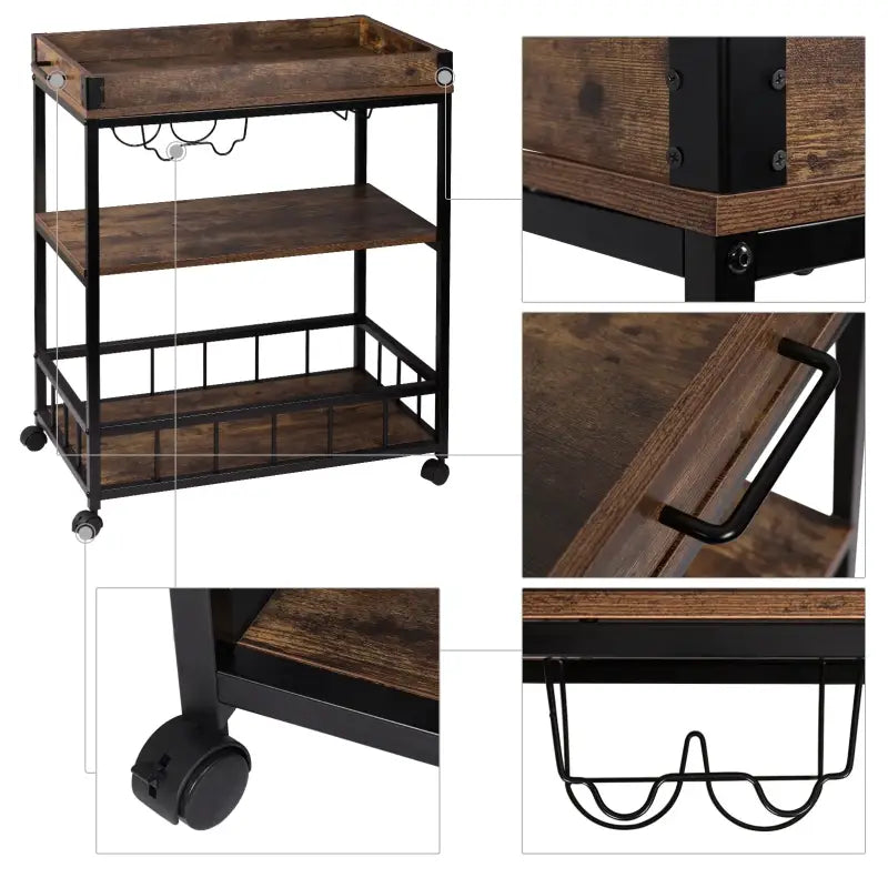 BukkitBow multifunctionele keukentrolley met wijnrek en glas houder, MDF en metalen frame, afmetingen 69,5x39,5x85cm.