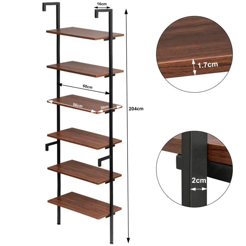 Multifunctioneel ladderrek van BukkitBow met 6 planken in donker eikenhout en zwart stalen frame, afmetingen 60x204x30cm.