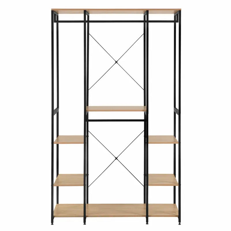 BukkitBow multifunctioneel open garderobe met 4 kledingrails, stalen frame en eikenhouten planken, 120x40x201cm