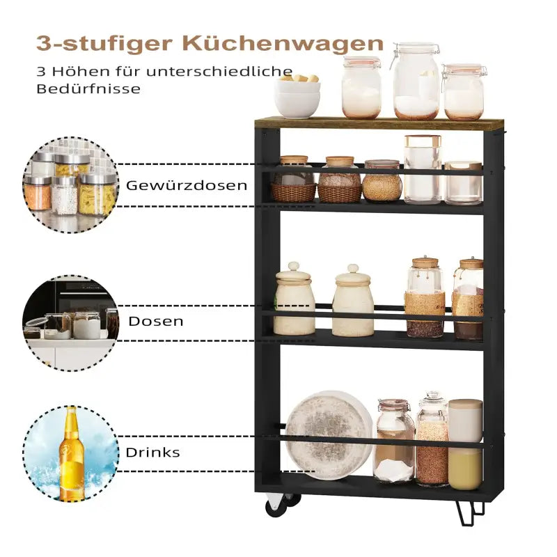 BukkitBow multifunctionele keukentrolley met 3 open planken, verrijdbaar, rembare wielen en ruimtebesparend ontwerp, 47x80x13cm