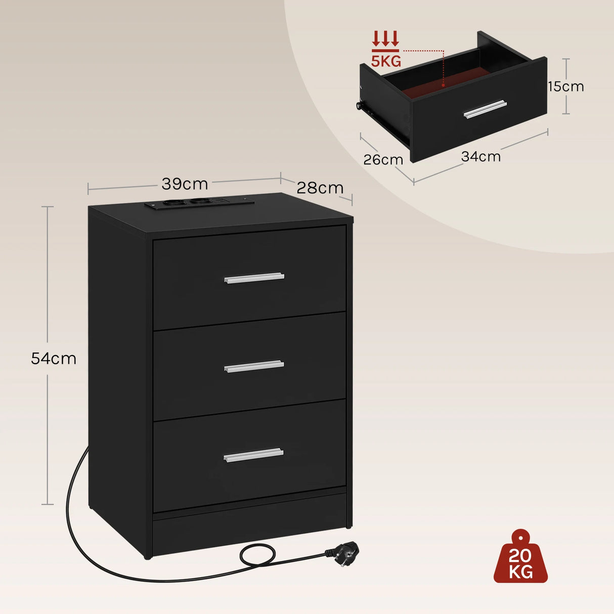 Hout Nachtkastje van BukkitBow met 3 laden en USB oplaadstation, modern design geschikt voor slaapkamer.