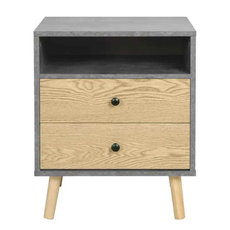 BukkitBow nachtkastje met 2 laden, grijs met licht eikenhout, afmetingen 45x56x40cm, max belasting 30kg, houten design.