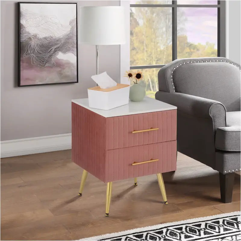 BukkitBow nachtkastje van fluweel met gouden poten, 2 lades, afmetingen 40x40x50cm, elegant en modern slaapkamermeubel.