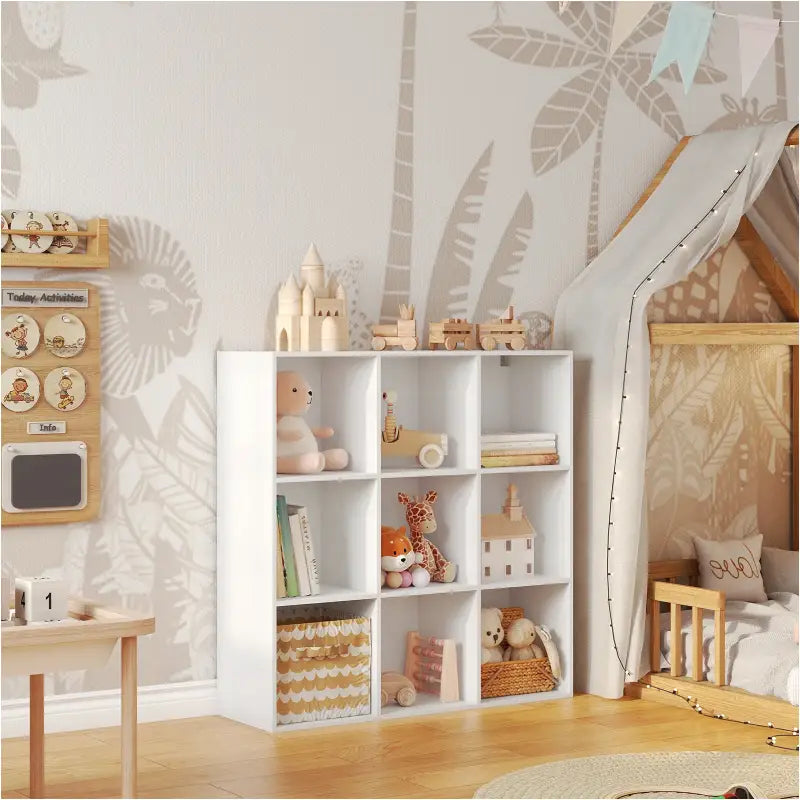 BukkitBow open boekenkast met 9 vakken, hout/melamine fineer, achterwand, ruimtebesparend en stabiel, afmetingen 94x93x29,5 cm.