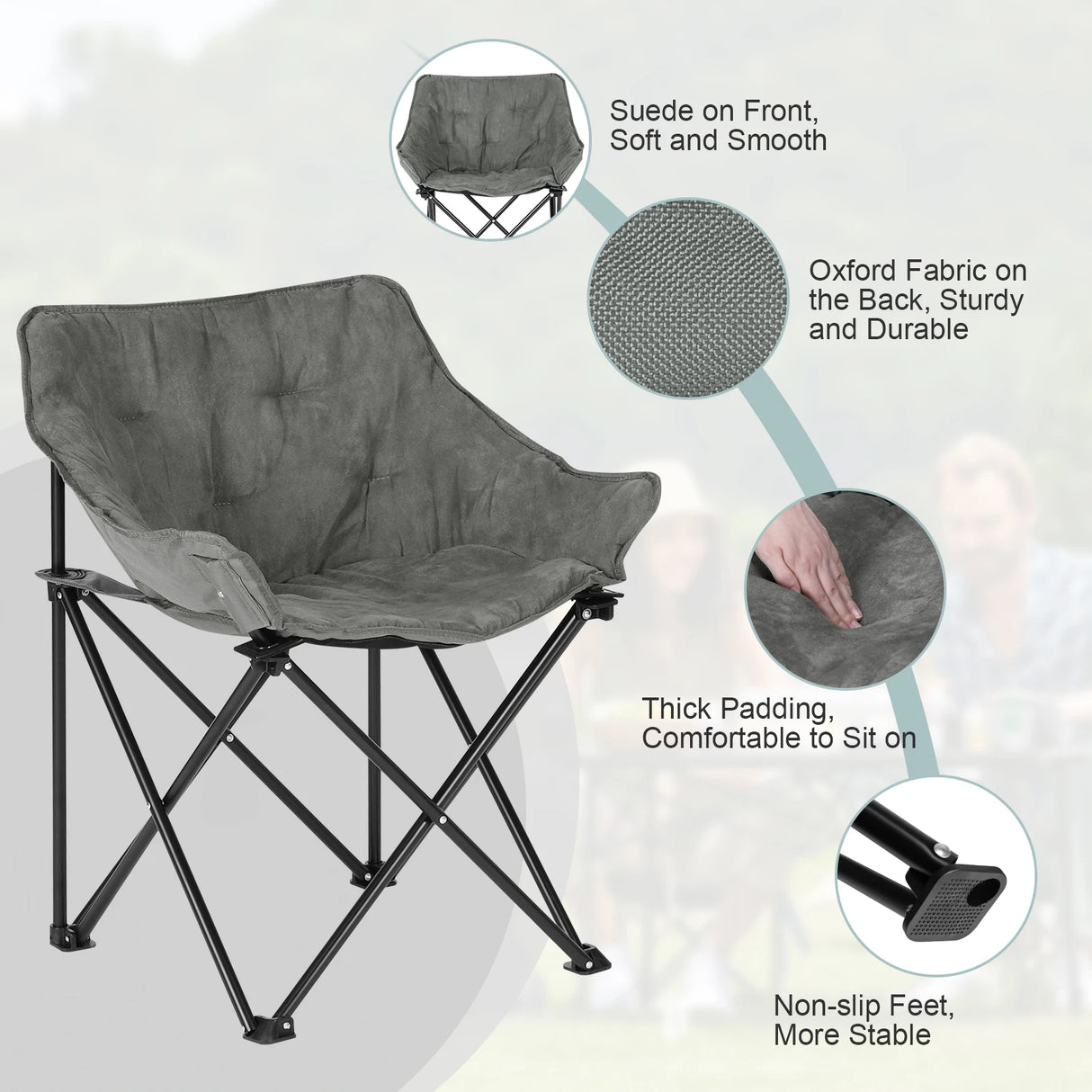 Lichtgewicht opvouwbare campingstoel van BukkitBow met draagtas, comfortabele zitting en stevige frame voor outdoor gebruik.