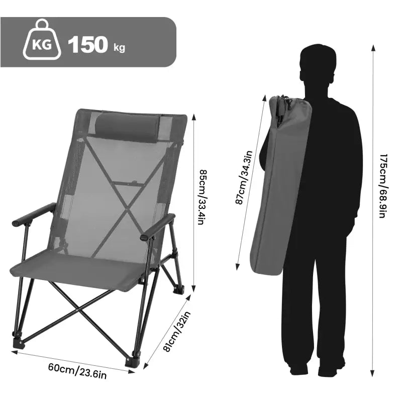 BukkitBow opvouwbare campingstoel met metalen frame, polyester zitting, hoge rugleuning en draagvermogen van 150 kg, draagbaar.