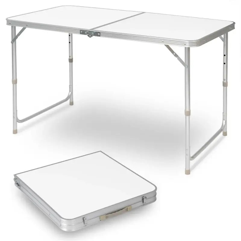 BukkitBow opvouwbare campingtafel met aluminium frame en MDF blad, verstelbare hoogte, draagbaar handvat, 120x55-70x60 cm